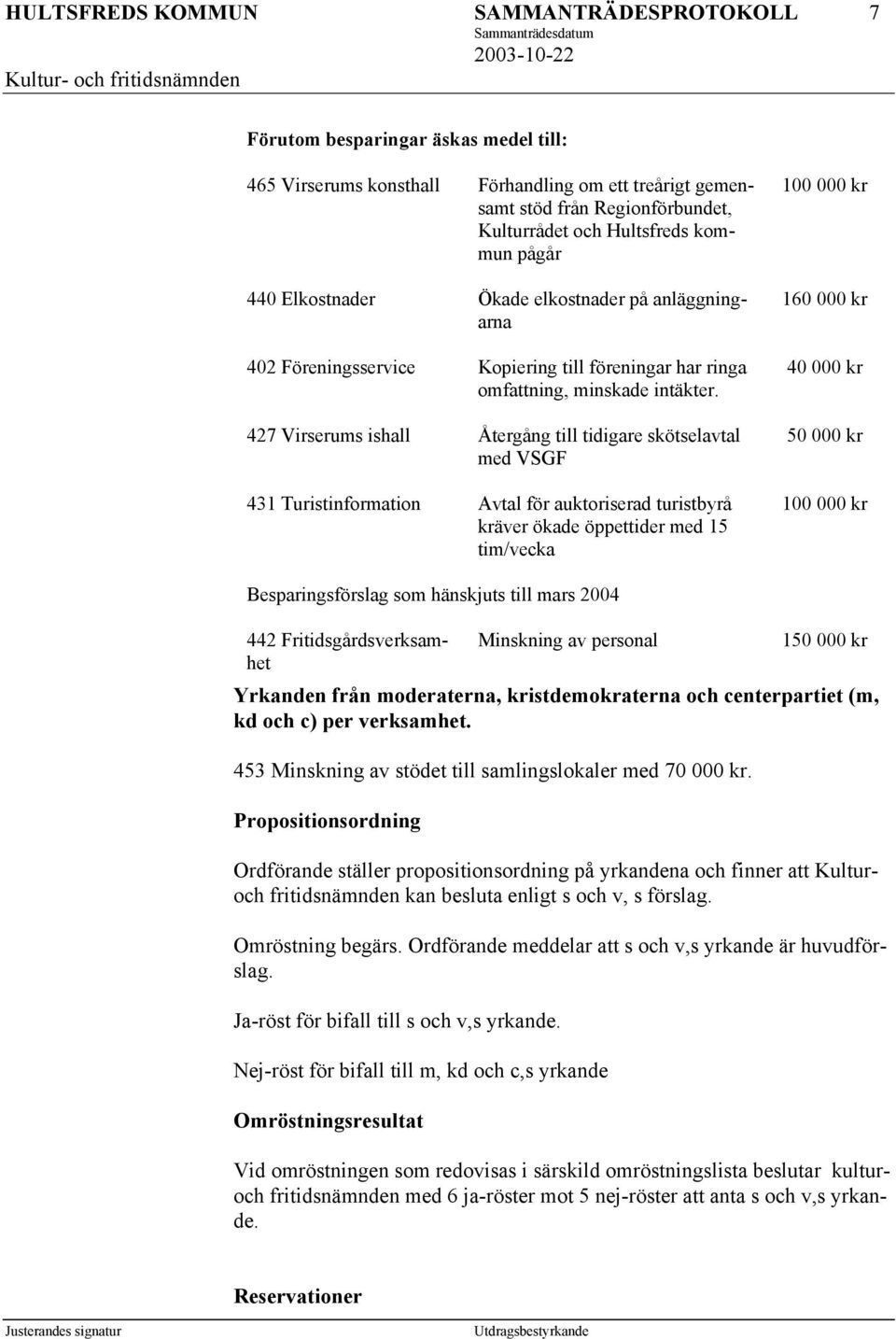 427 Virserums ishall Återgång till tidigare skötselavtal med VSGF 431 Turistinformation Avtal för auktoriserad turistbyrå kräver ökade öppettider med 15 tim/vecka 100 000 kr 160 000 kr 40 000 kr 50