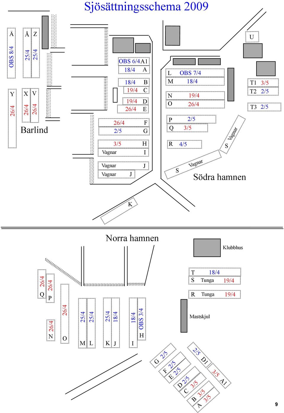 Vagnar S Vagnar Södra hamnen T1 T2 T3 19/4 19/4 4/5 18/4 K Norra hamnen Klubbhus Q P T S