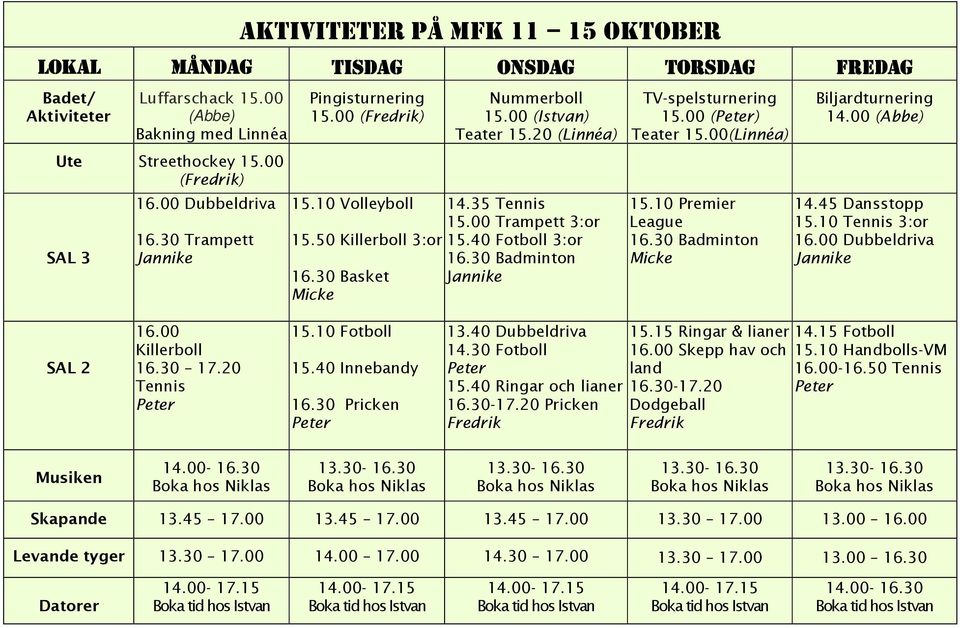 20 (Linnéa) 14.35 Tennis 15.00 Trampett 3:or 15.40 Fotboll 3:or 16.30 Badminton Jannike TORSDAG TV-spelsturnering 15.00 () Teater 15.00(Linnéa) 15.10 Premier League 16.