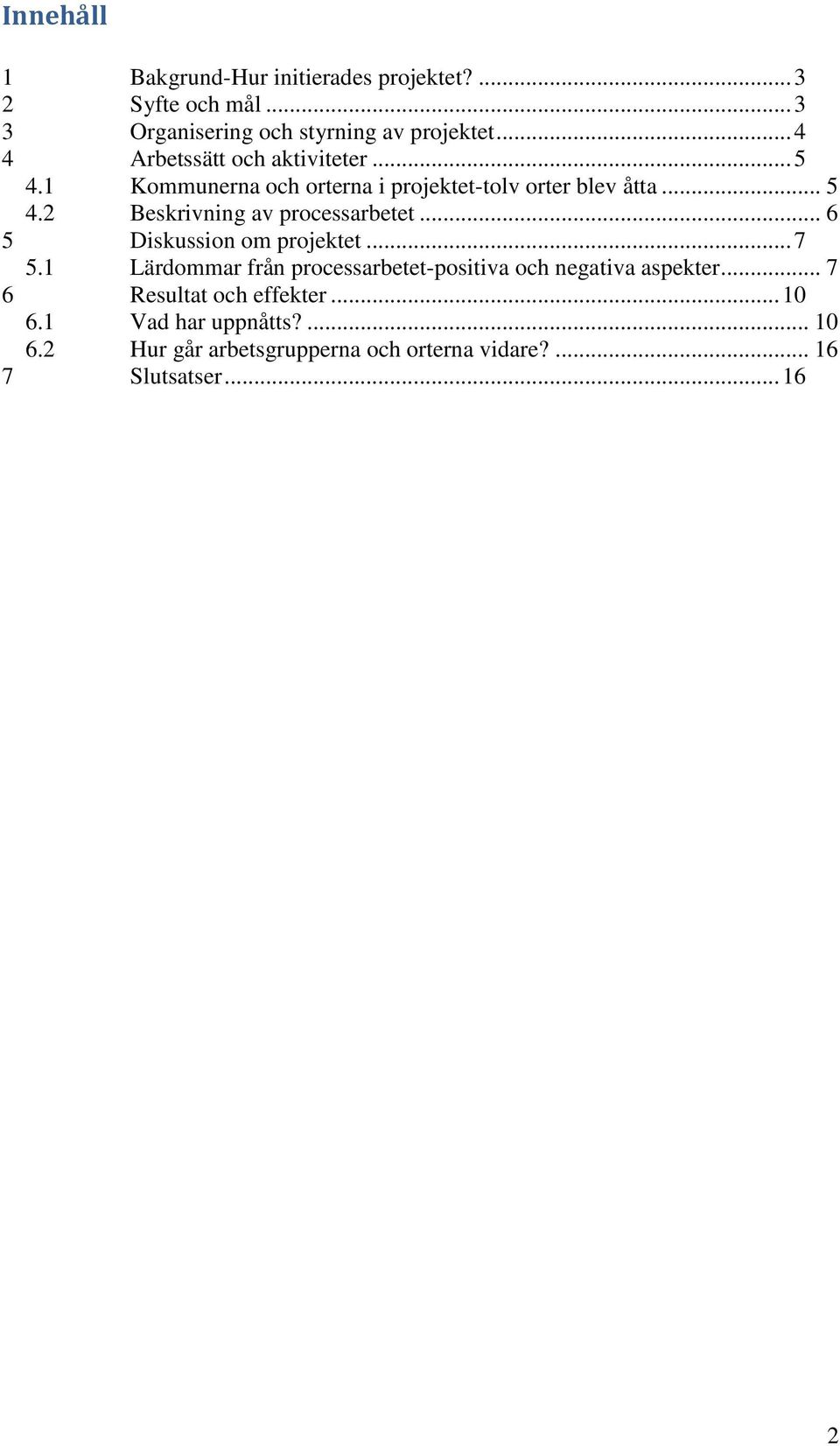 .. 6 5 Diskussion om projektet... 7 5.1 Lärdommar från processarbetet-positiva och negativa aspekter.