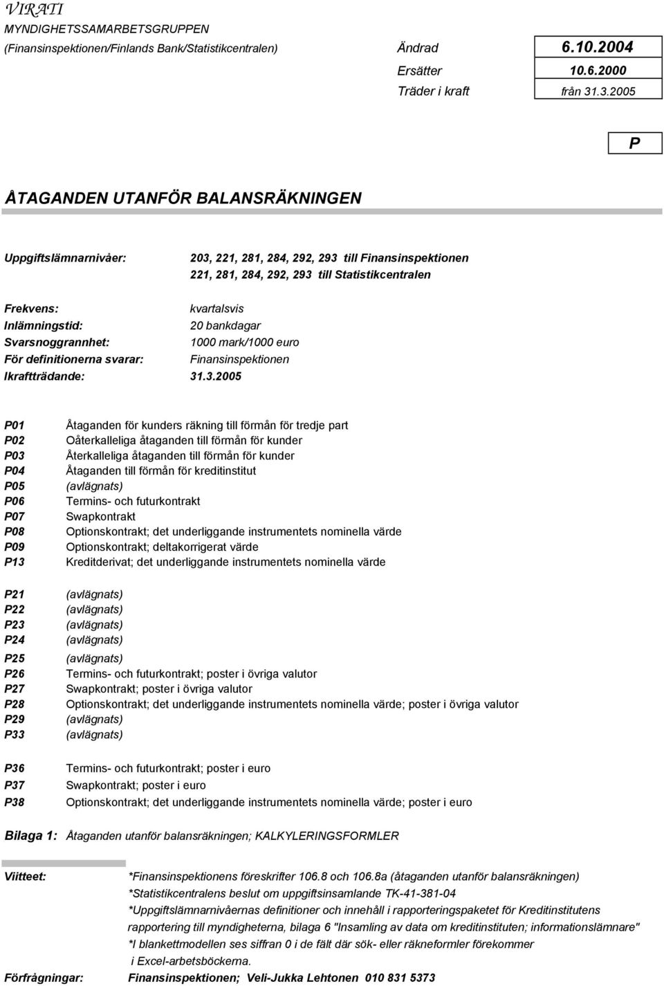 Inlämningstid: 20 bankdagar Svarsnoggrannhet: 1000 mark/1000 euro För definitionerna svarar: Finansinspektionen Ikraftträdande: 31