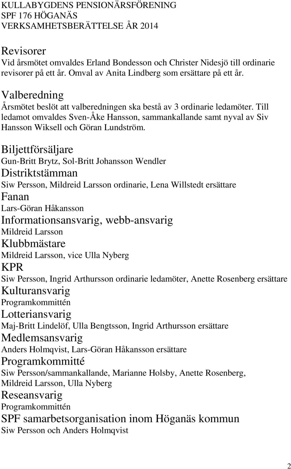 Biljettförsäljare Gun-Britt Brytz, Sol-Britt Johansson Wendler Distriktstämman Siw Persson, Mildreid Larsson ordinarie, Lena Willstedt ersättare Fanan Lars-Göran Håkansson Informationsansvarig,