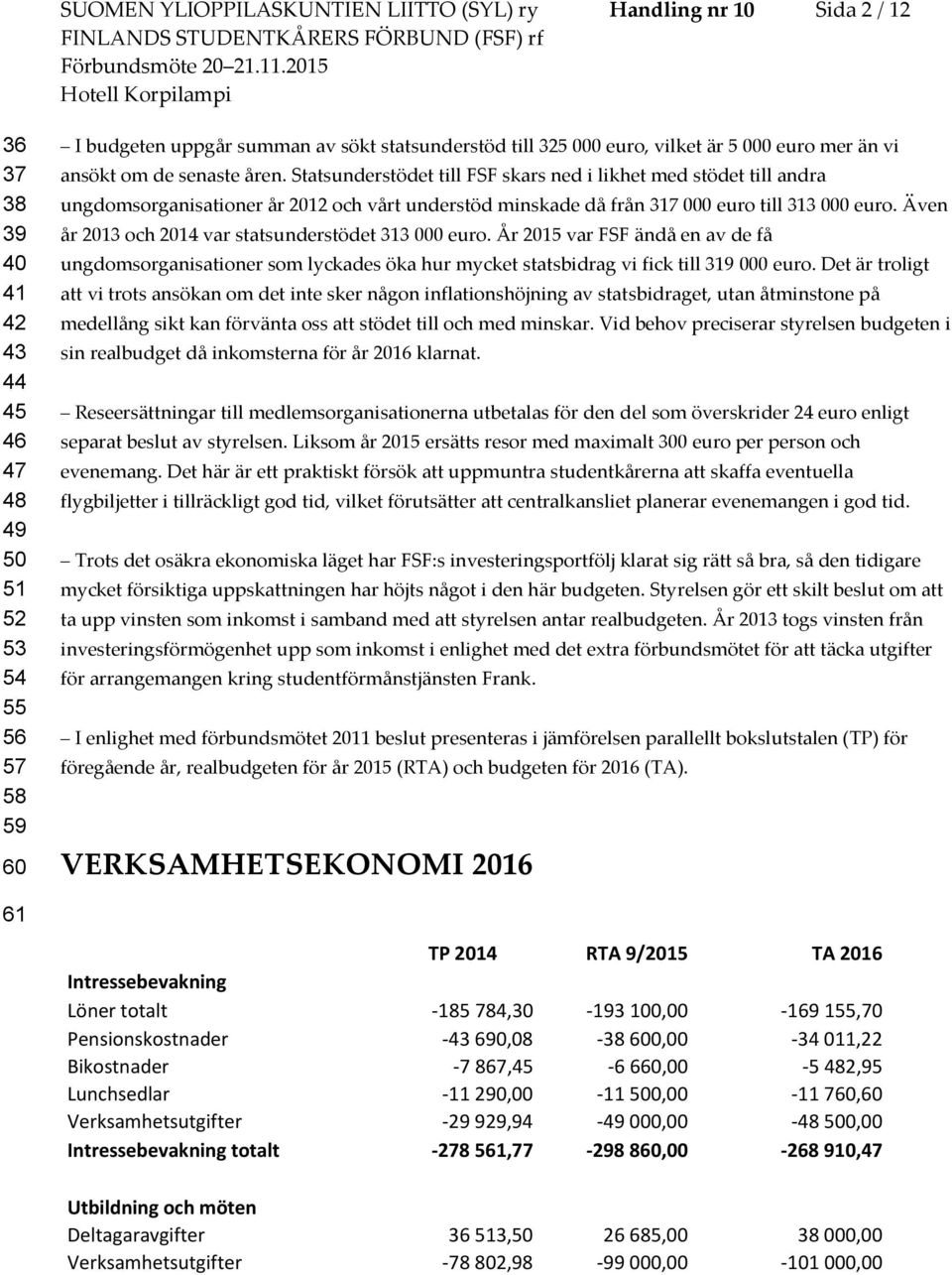 Statsunderstödet till FSF skars ned i likhet med stödet till andra ungdomsorganisationer år 2012 och vårt understöd minskade då från 317 000 euro till 313 000 euro.