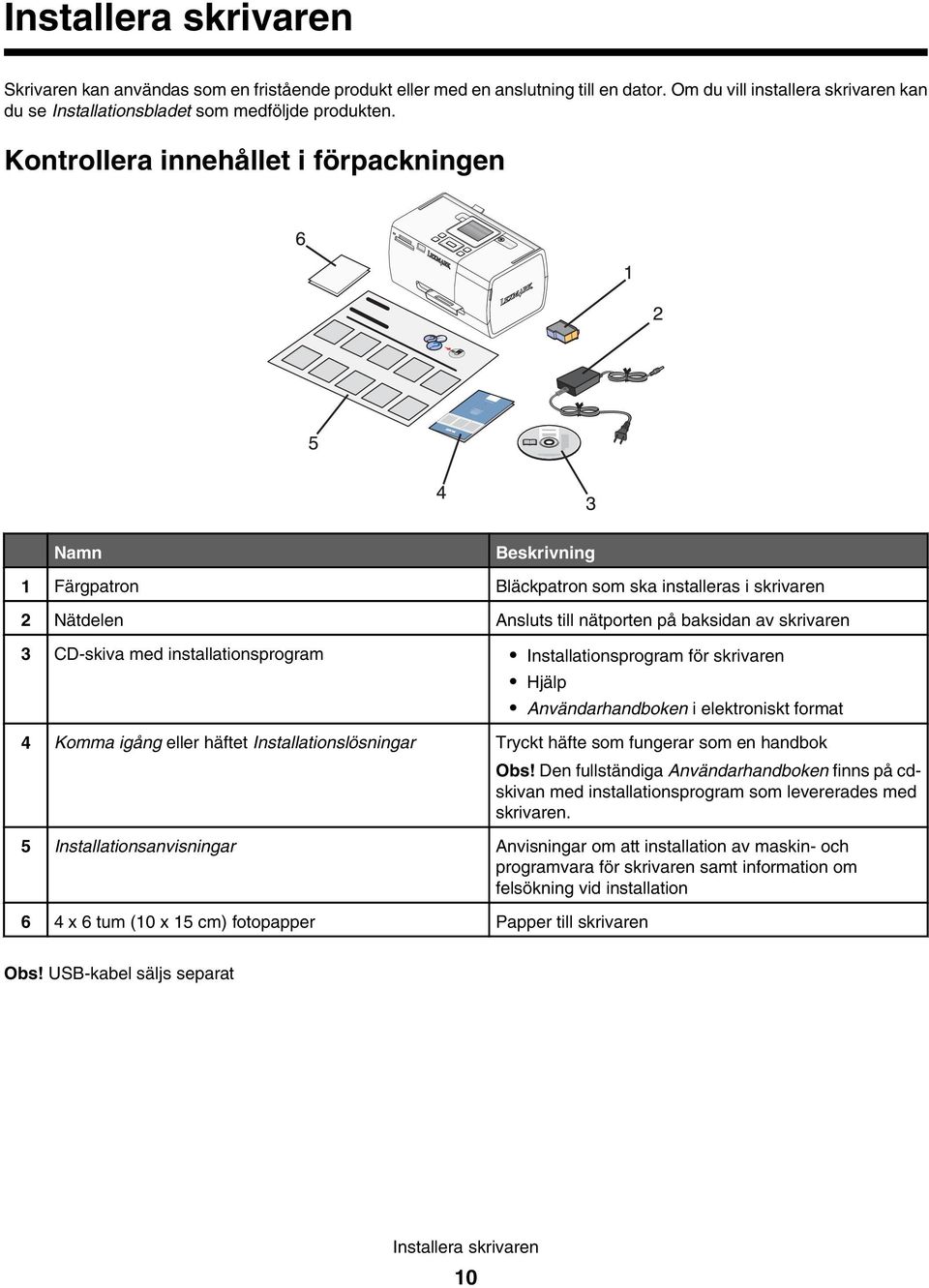 installationsprogram Installationsprogram för skrivaren Hjälp Användarhandboken i elektroniskt format 4 Komma igång eller häftet Installationslösningar Tryckt häfte som fungerar som en handbok Obs!