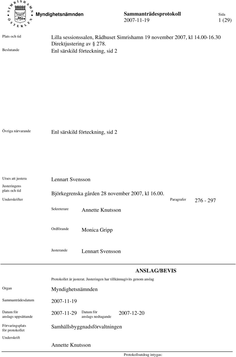 2007, kl 16.00. Underskrifter Paragrafer 276-297 Sekreterare Annette Knutsson Ordförande Monica Gripp Justerande Lennart Svensson Protokollet är justerat.