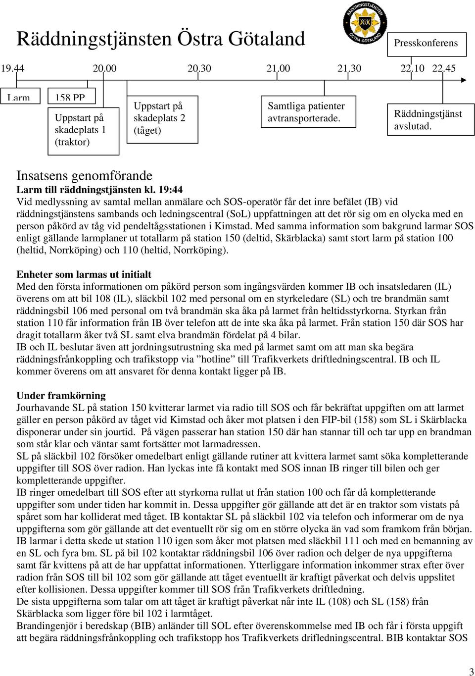 19:44 Vid medlyssning av samtal mellan anmälare och SOS-operatör får det inre befälet (IB) vid räddningstjänstens sambands och ledningscentral (SoL) uppfattningen att det rör sig om en olycka med en