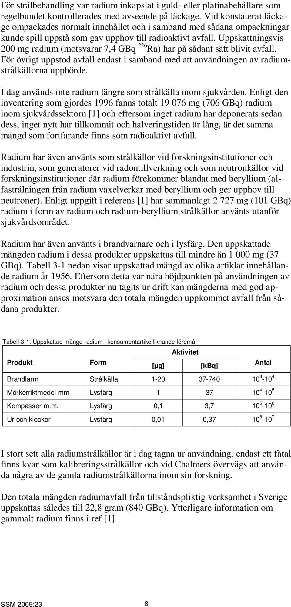 Uppskattningsvis 200 mg radium (motsvarar 7,4 GBq 226 Ra) har på sådant sätt blivit avfall. För övrigt uppstod avfall endast i samband med att användningen av radiumstrålkällorna upphörde.