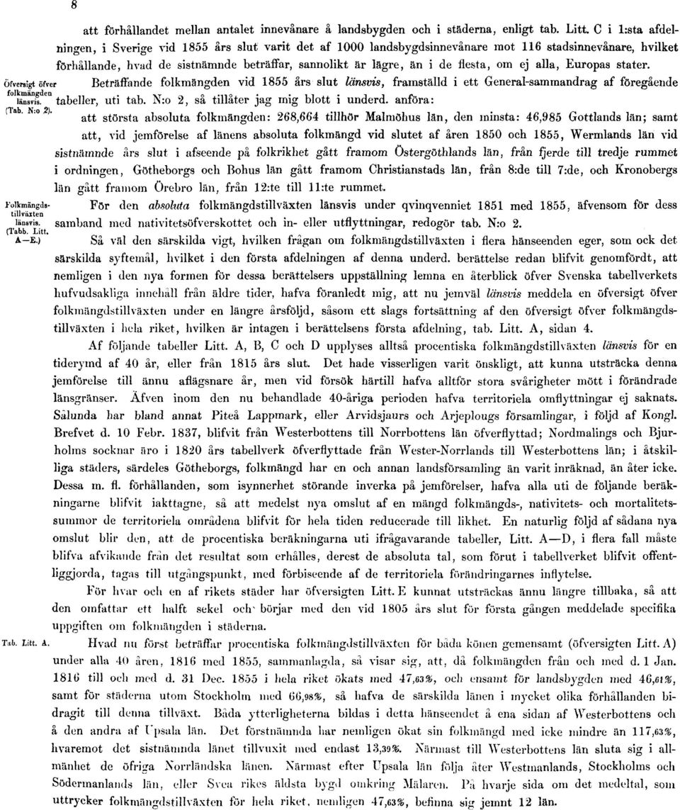 flesta, om ej alla, Europas stater. Beträffande folkmängden vid 1855 års slut länsvis, framställd i ett General-sammandrag af föregående tabeller, uti tab.