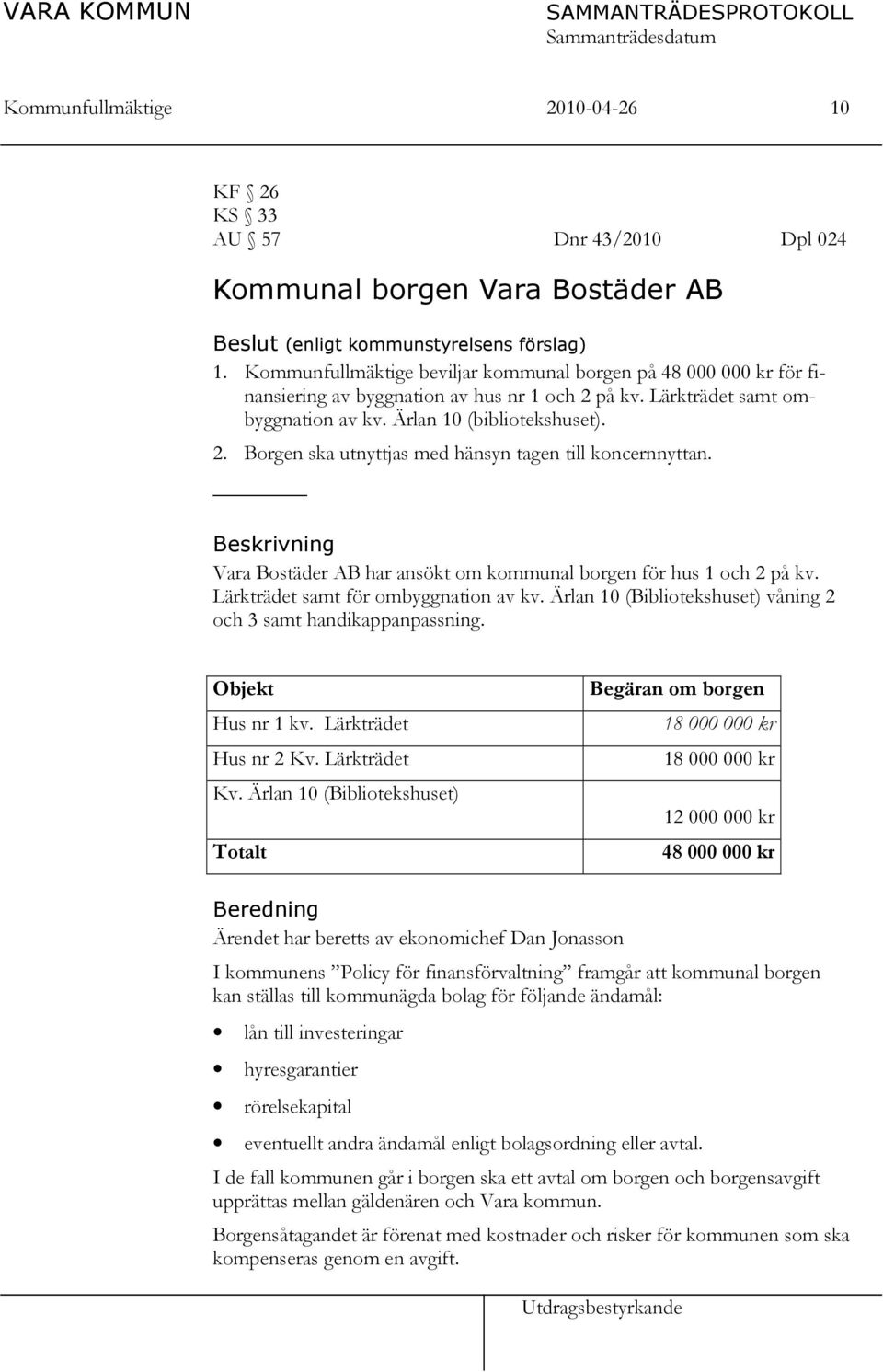 Beskrivning Vara Bostäder AB har ansökt om kommunal borgen för hus 1 och 2 på kv. Lärkträdet samt för ombyggnation av kv. Ärlan 10 (Bibliotekshuset) våning 2 och 3 samt handikappanpassning.