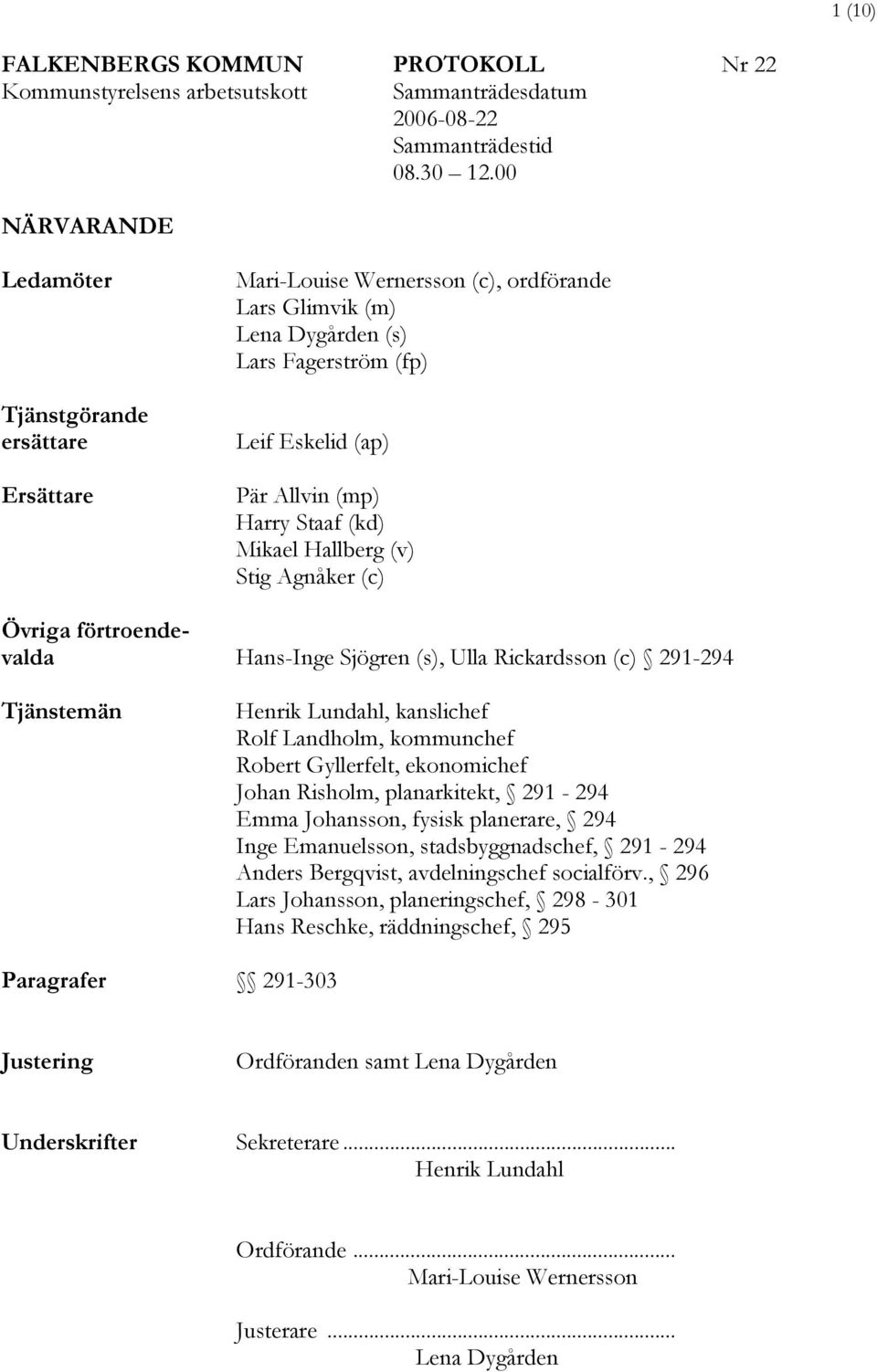 (kd) Mikael Hallberg (v) Stig Agnåker (c) Övriga förtroendevalda Hans-Inge Sjögren (s), Ulla Rickardsson (c) 291-294 Tjänstemän Henrik Lundahl, kanslichef Rolf Landholm, kommunchef Robert Gyllerfelt,