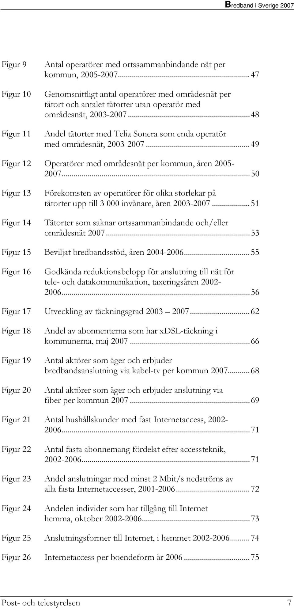 ..48 Andel tätorter med Telia Sonera som enda operatör med områdesnät, 2003-2007...49 Figur 12 Operatörer med områdesnät per kommun, åren 2005-2007.