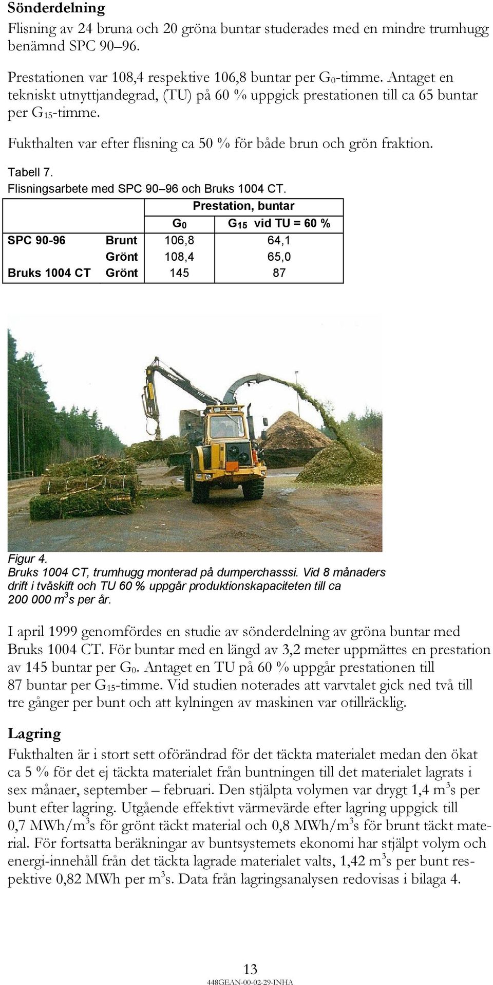 Flisningsarbete med SPC 90 96 och Bruks 1004 CT. Prestation, buntar G 0 G15 vid TU = 60 % SPC 90-96 Brunt 106,8 64,1 Grönt 108,4 65,0 Bruks 1004 CT Grönt 145 87 Figur 4.