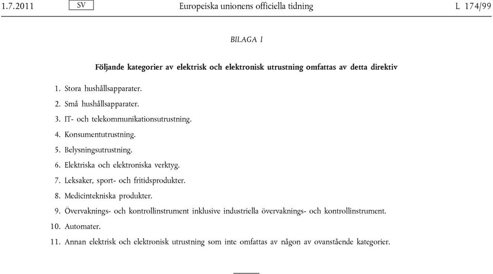 Elektriska och elektroniska verktyg. 7. Leksaker, sport- och fritidsprodukter. 8. Medicintekniska produkter. 9.