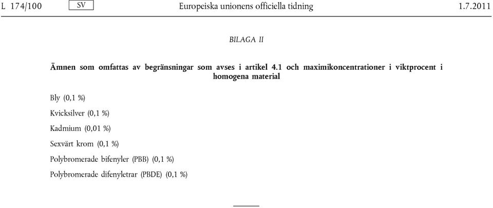 Kvicksilver (0,1 %) Kadmium (0,01 %) Sexvärt krom (0,1 %) Polybromerade bifenyler