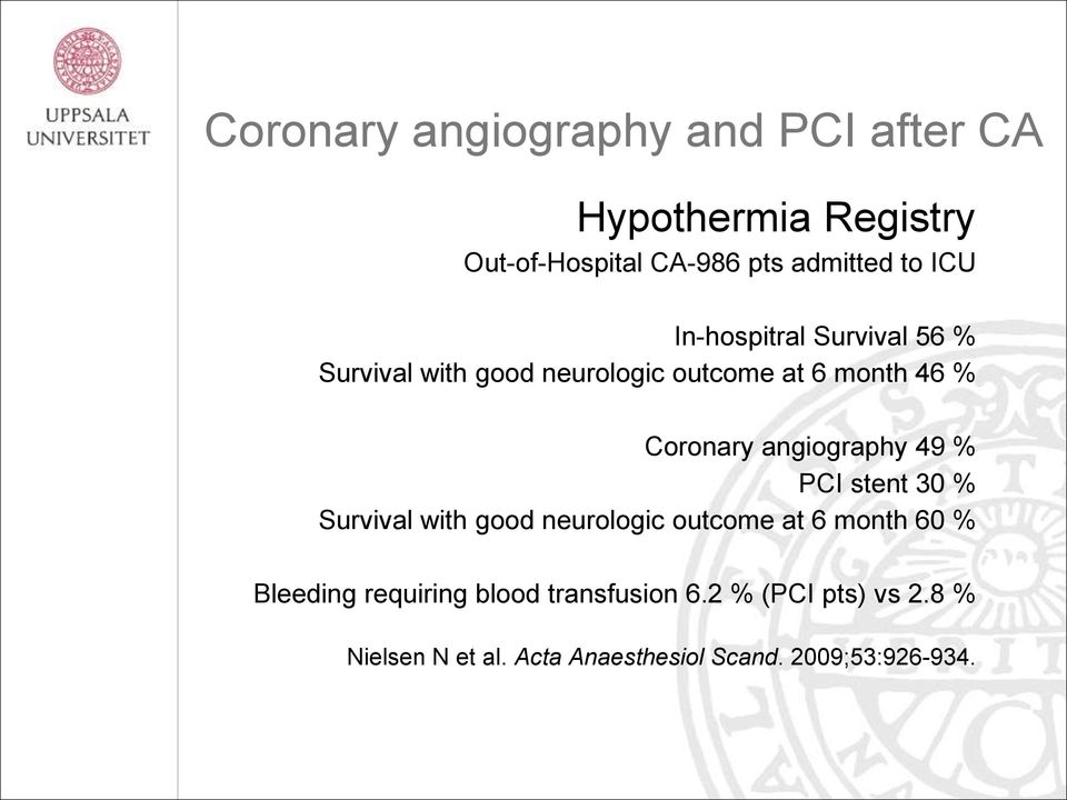 angiography 49 % PCI stent 30 % Survival with good neurologic outcome at 6 month 60 % Bleeding