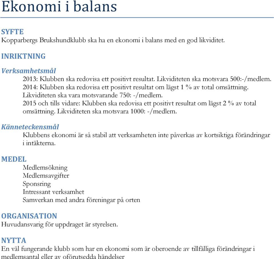 2015 och tills vidare: Klubben ska redovisa ett positivt resultat om lägst 2 % av total omsättning. Likviditeten ska motsvara 1000: -/medlem.