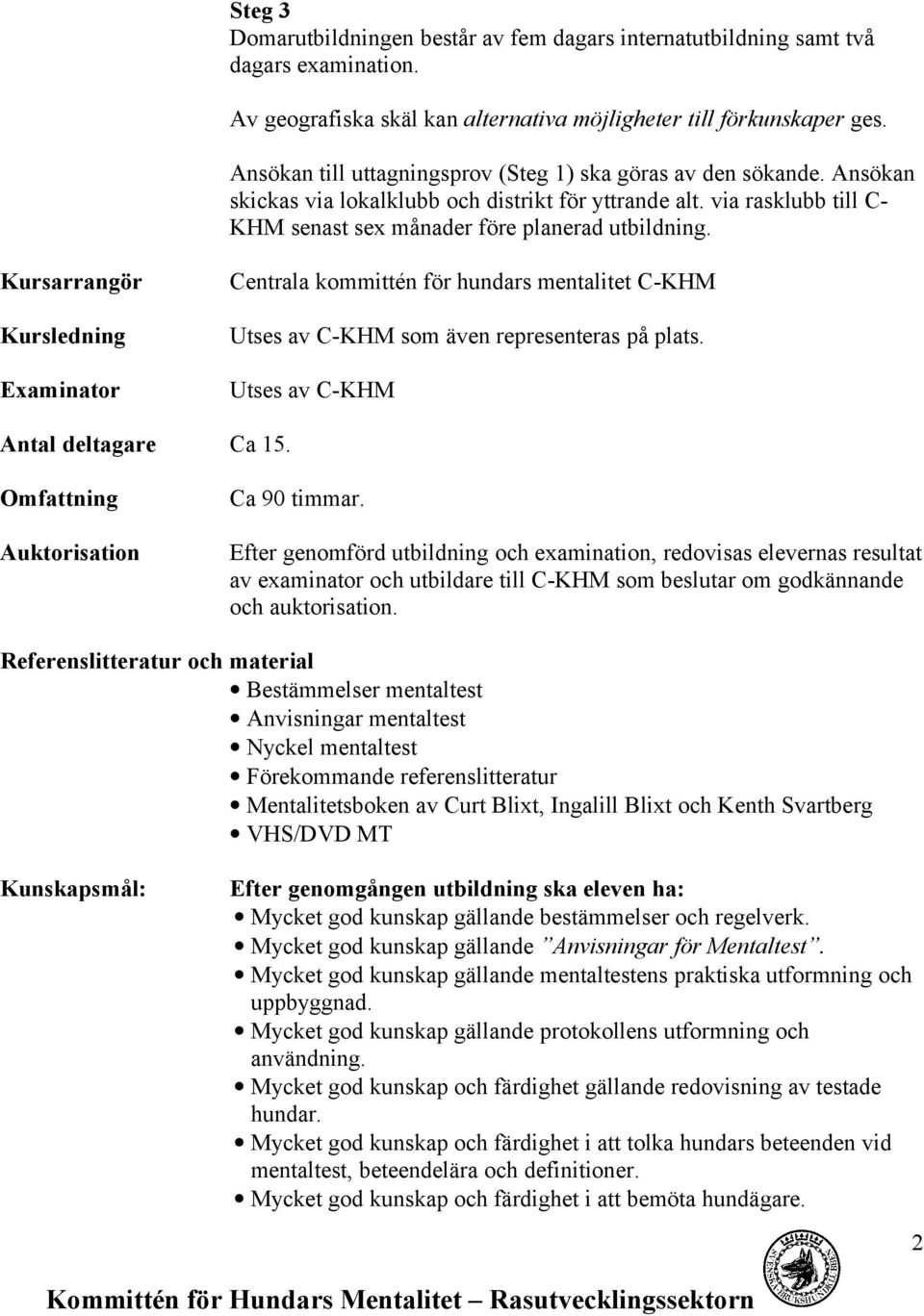 Kursarrangör Kursledning Examinator Centrala kommittén för hundars mentalitet C-KHM Utses av C-KHM som även representeras på plats. Utses av C-KHM Antal deltagare Ca 15.