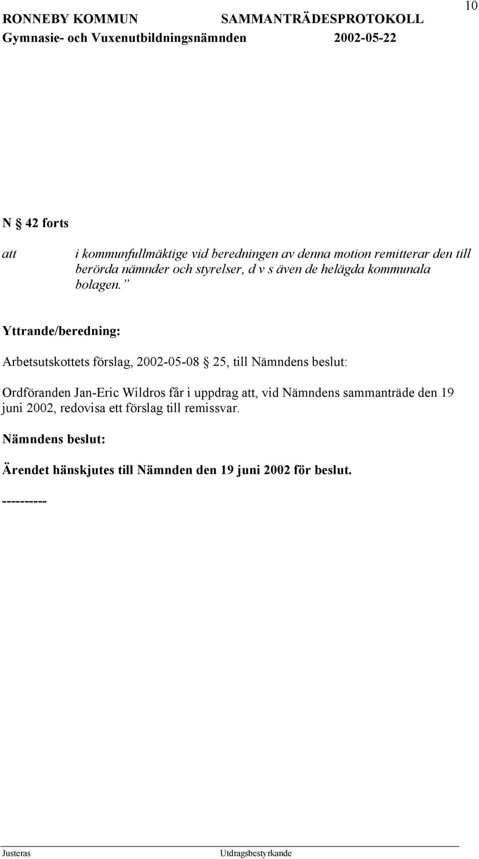 Yttrande/beredning: Arbetsutskottets förslag, 2002-05-08 25, till Nämndens beslut: Ordföranden Jan-Eric Wildros får