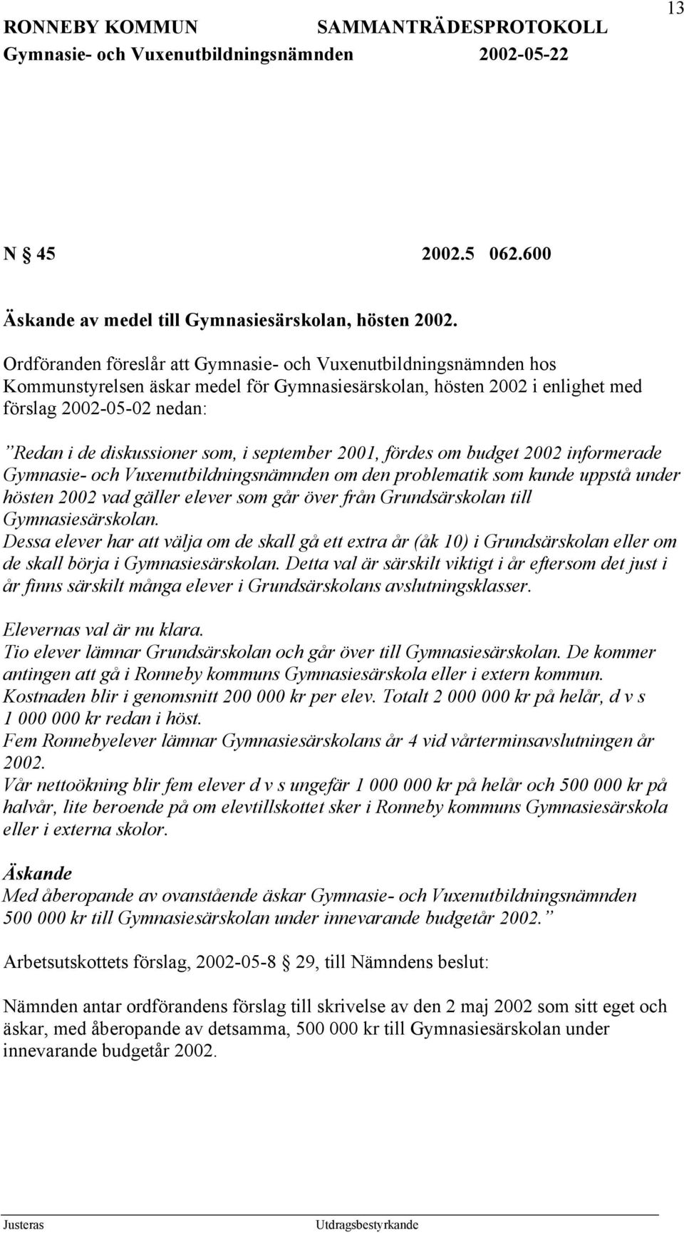 i september 2001, fördes om budget 2002 informerade Gymnasie- och Vuxenutbildningsnämnden om den problematik som kunde uppstå under hösten 2002 vad gäller elever som går över från Grundsärskolan till