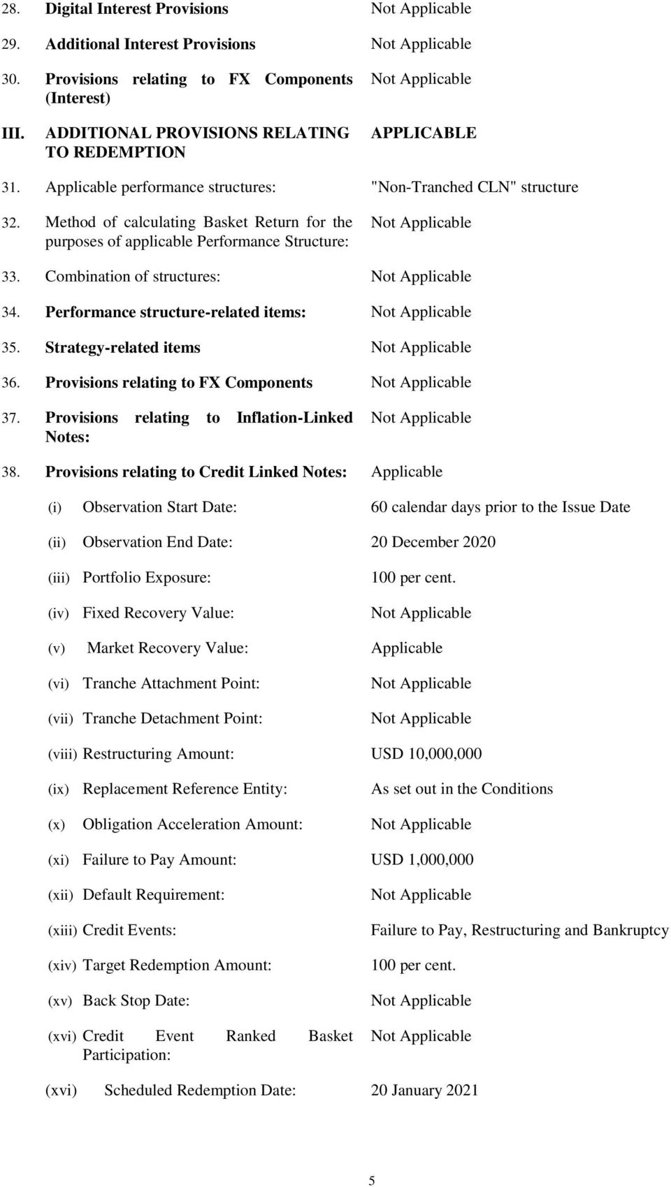 Performance structure-related items: 35. Strategy-related items 36. Provisions relating to FX Components 37. Provisions relating to Inflation-Linked Notes: 38.