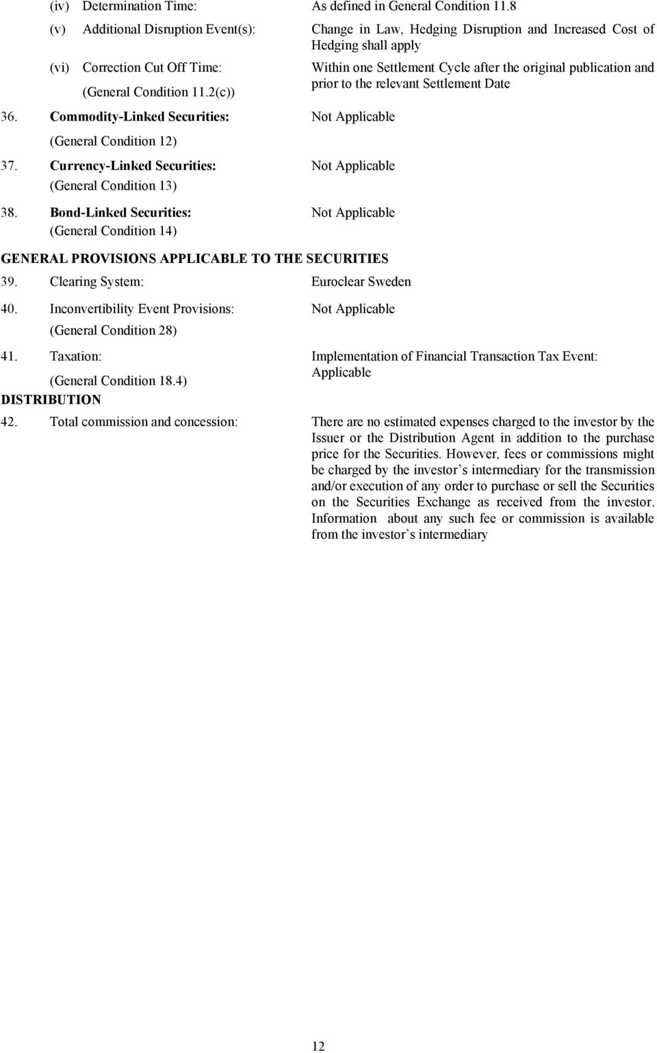 publication and (General Condition 11.2(c)) prior to the relevant Settlement Date 36. Commodity-Linked Securities: (General Condition 12) 37. Currency-Linked Securities: (General Condition 13) 38.