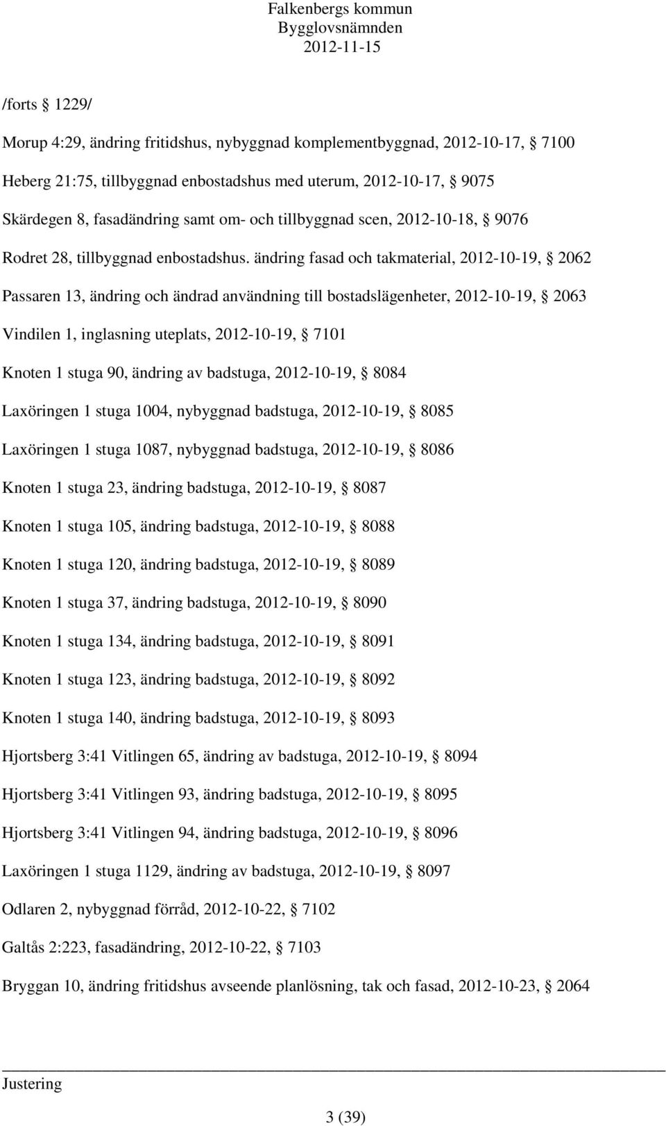 ändring fasad och takmaterial, 2012-10-19, 2062 Passaren 13, ändring och ändrad användning till bostadslägenheter, 2012-10-19, 2063 Vindilen 1, inglasning uteplats, 2012-10-19, 7101 Knoten 1 stuga