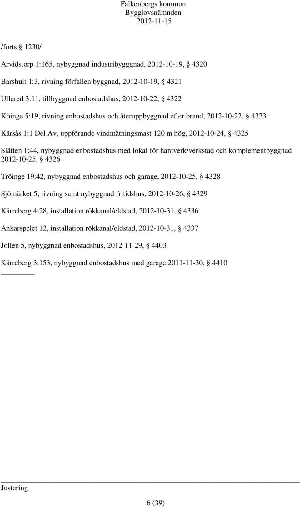 för hantverk/verkstad och komplementbyggnad 2012-10-25, 4326 Tröinge 19:42, nybyggnad enbostadshus och garage, 2012-10-25, 4328 Sjömärket 5, rivning samt nybyggnad fritidshus, 2012-10-26, 4329