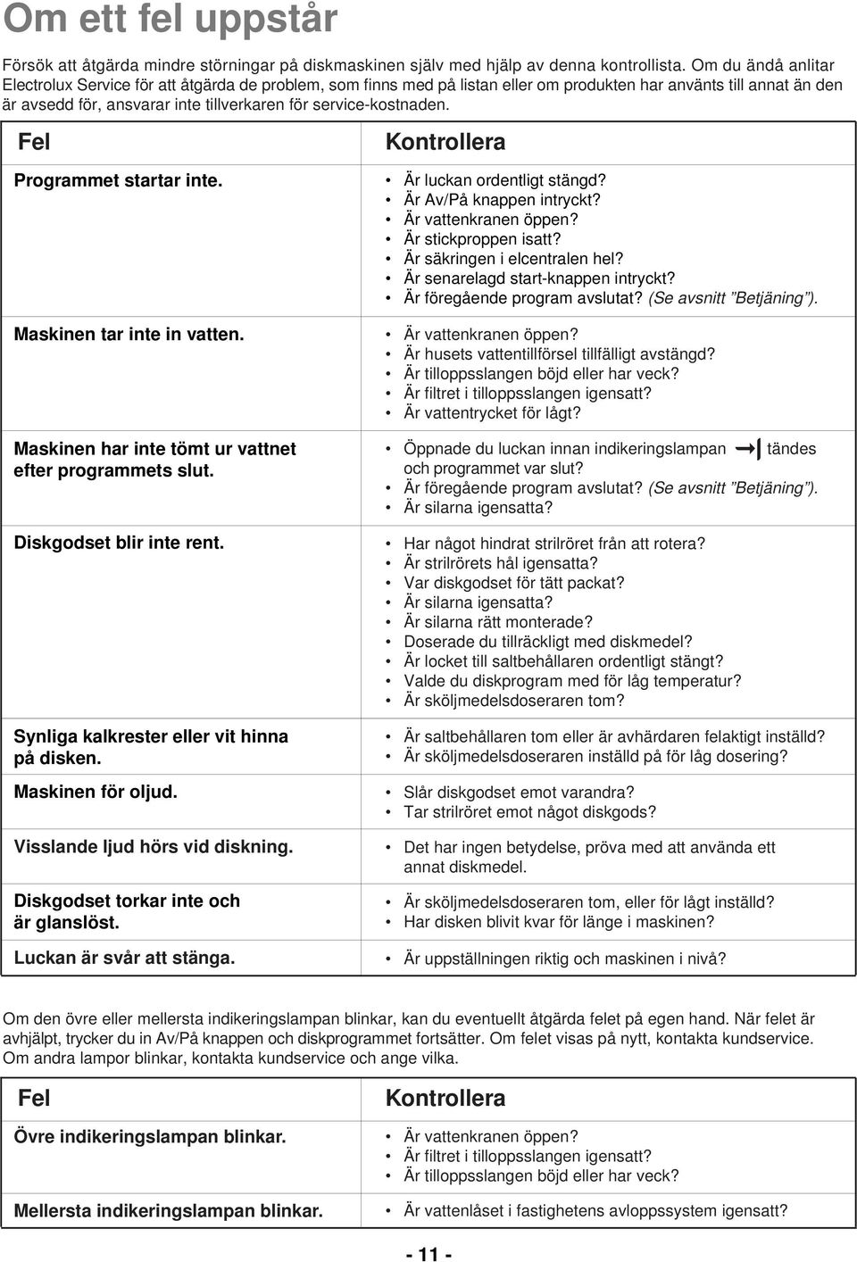 service-kostnaden. Fel Programmet startar inte. Maskinen tar inte in vatten. Maskinen har inte tömt ur vattnet efter programmets slut. Diskgodset blir inte rent.