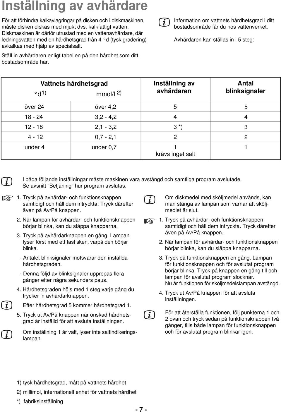 Ställ in avhärdaren enligt tabellen på den hårdhet som ditt bostadsområde har. Information om vattnets hårdhetsgrad i ditt bostadsområde får du hos vattenverket.