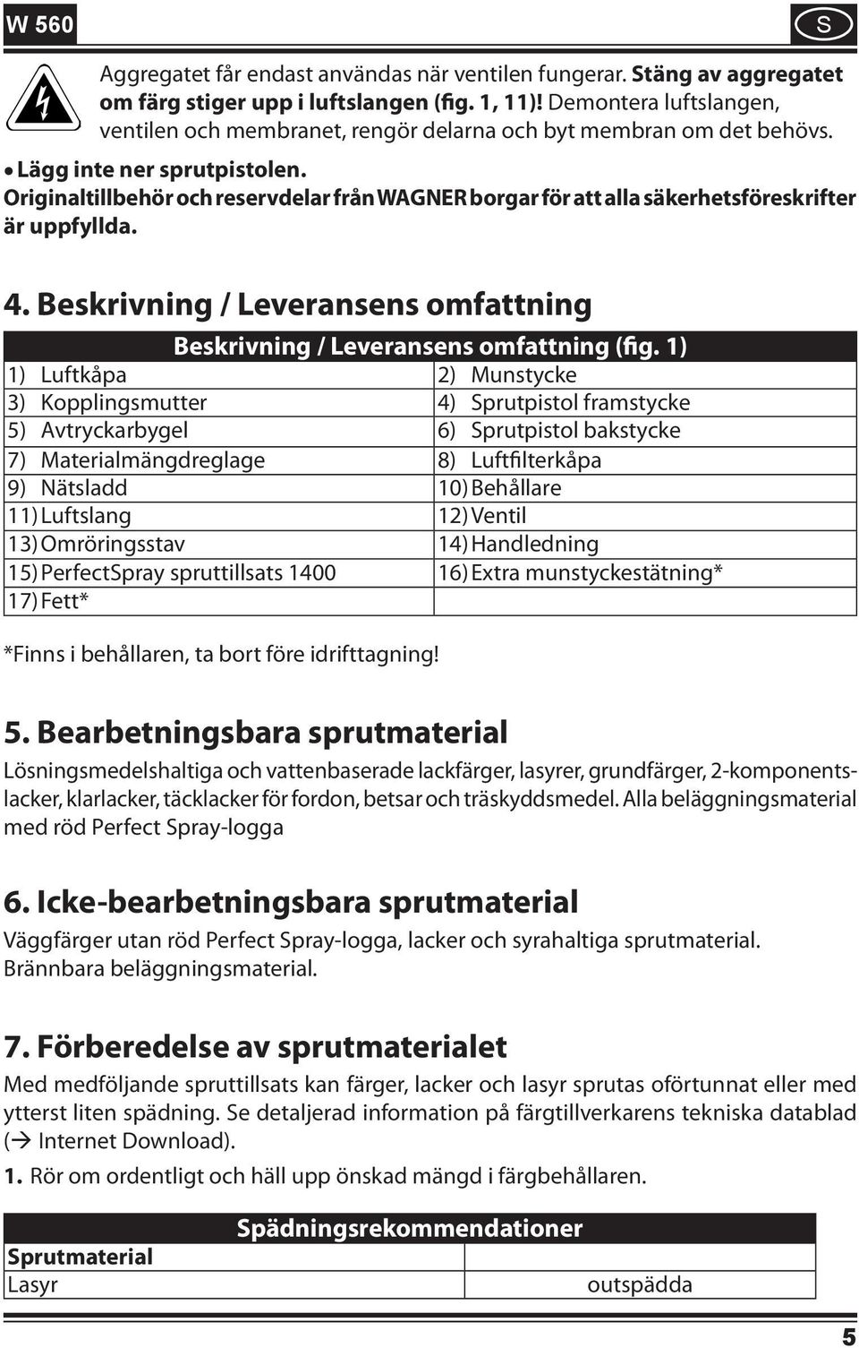 Originaltillbehör och reservdelar från WAGNER borgar för att alla säkerhetsföreskrifter är uppfyllda. 4. Beskrivning / Leveransens omfattning Beskrivning / Leveransens omfattning (fig.