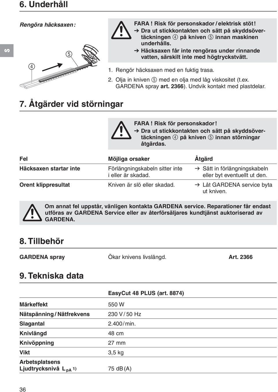 GARDENA spray art. 2366). Undvik kontakt med plastdelar. 7. Åtgärder vid störningar FARA! Risk för personskador!