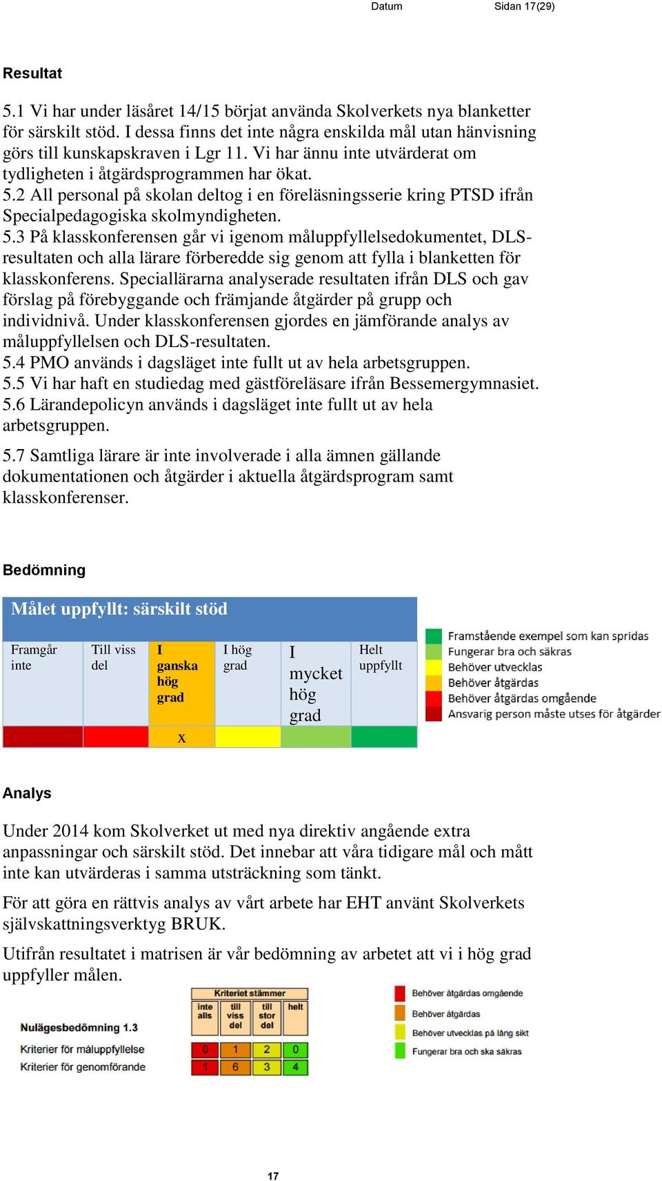 2 All personal på skolan deltog i en föreläsningsserie kring PTSD ifrån Specialpedagogiska skolmyndigheten. 5.
