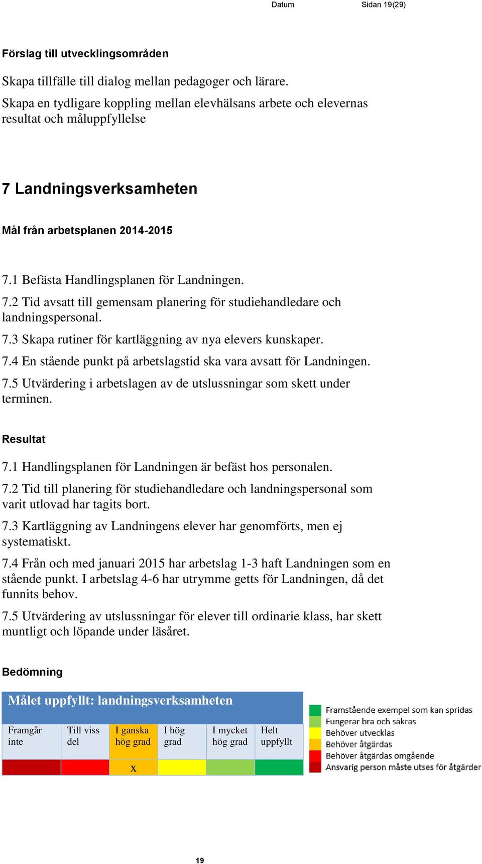 7.3 Skapa rutiner för kartläggning av nya elevers kunskaper. 7.4 En stående punkt på arbetslagstid ska vara avsatt för Landningen. 7.5 Utvärdering i arbetslagen av de utslussningar som skett under terminen.