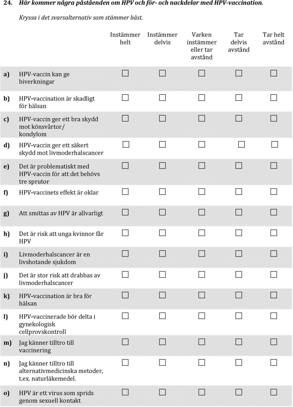 säkert skydd mot livmoderhalscancer e) Det är problematiskt med HPV-vaccin för att det behövs tre sprutor f) HPV-vaccinets effekt är oklar g) Att smittas av HPV är allvarligt h) Det är risk att unga