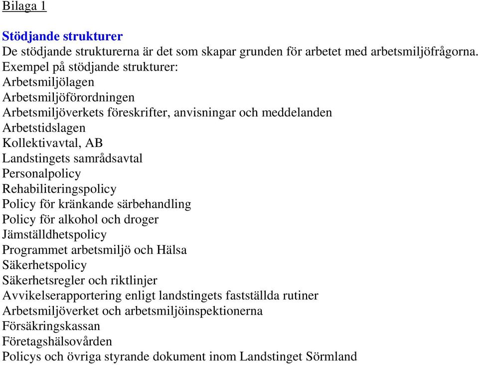 Landstingets samrådsavtal Personalpolicy Rehabiliteringspolicy Policy för kränkande särbehandling Policy för alkohol och droger Jämställdhetspolicy Programmet arbetsmiljö och Hälsa