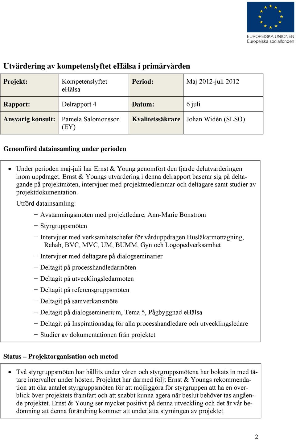 Ernst & Youngs utvärdering i denna delrapport baserar sig på deltagande på projektmöten, intervjuer med projektmedlemmar och deltagare samt studier av projektdokumentation.