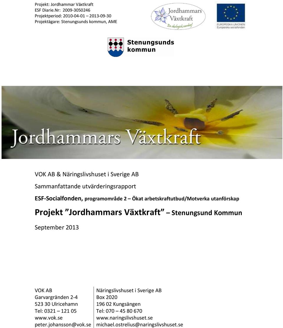 Sammanfattande utvärderingsrapport ESF-Socialfonden, programområde 2 Ökat arbetskraftutbud/motverka utanförskap Projekt Jordhammars Växtkraft