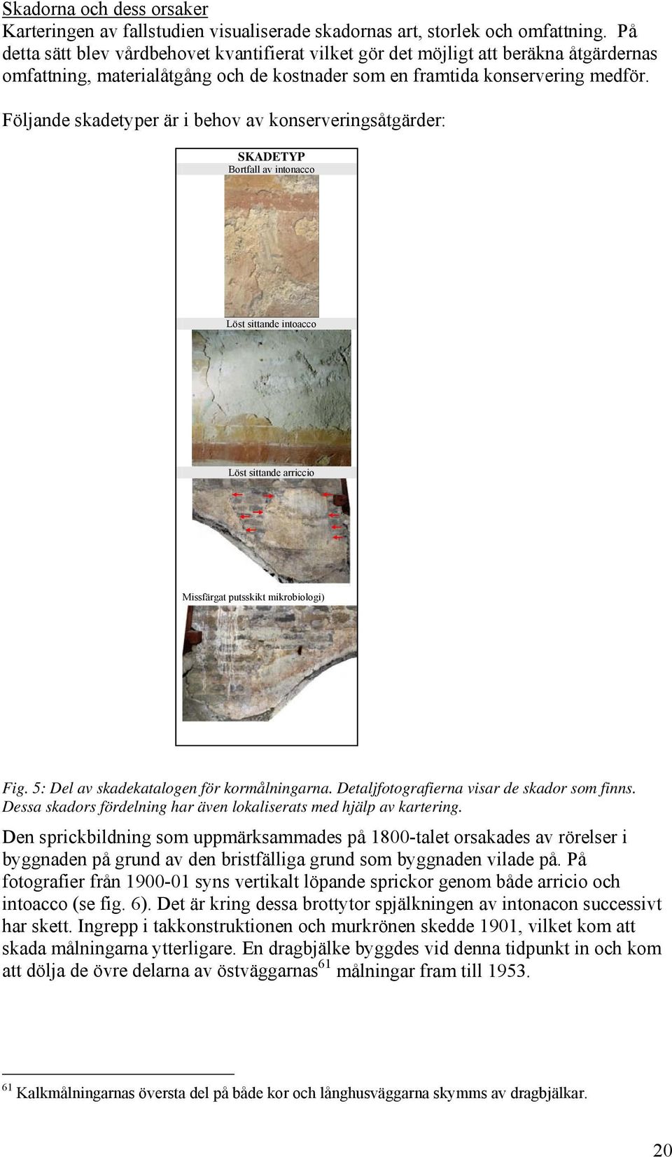 Följande skadetyper är i behov av konserveringsåtgärder: SKADETYP Bortfall av intonacco Löst sittande intoacco Löst sittande arriccio Missfärgat putsskikt mikrobiologi) Fig.