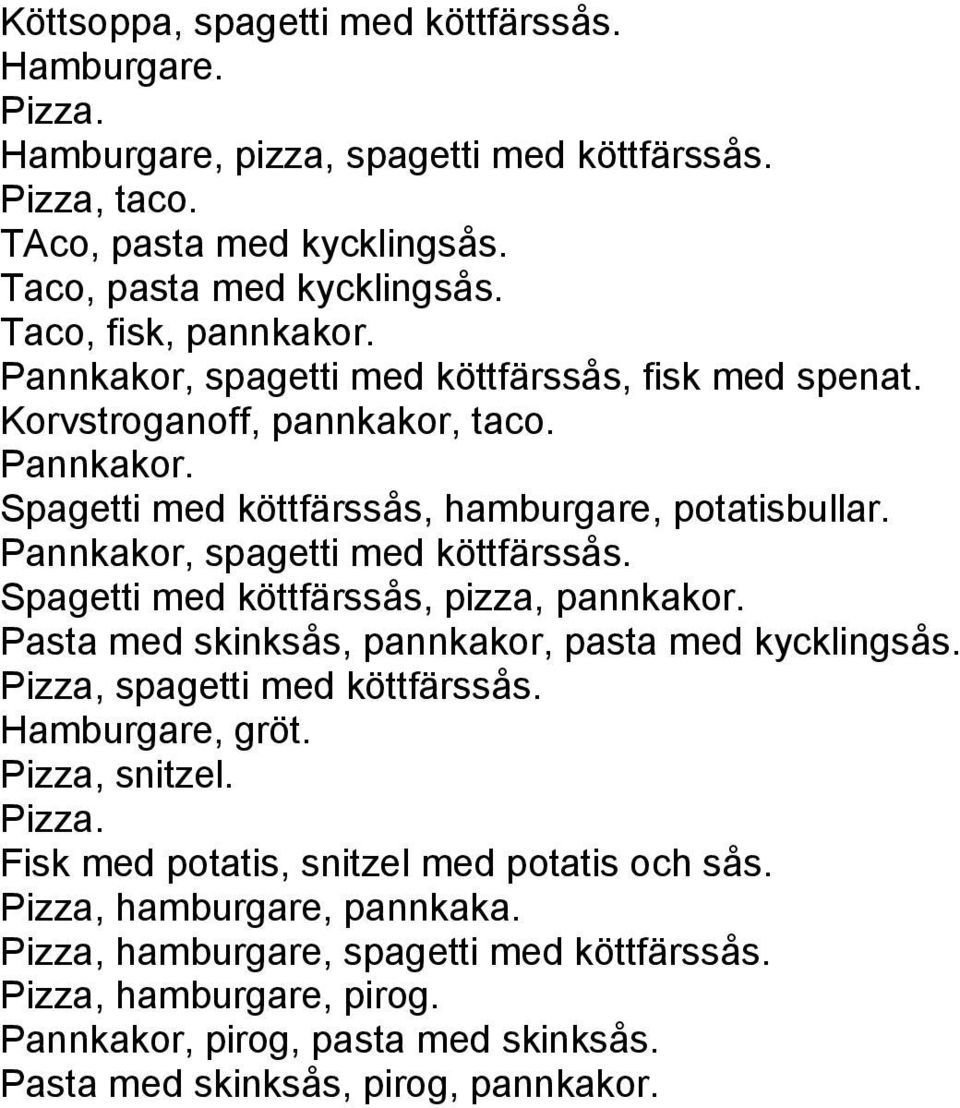 Spagetti med köttfärssås, pizza, pannkakor. Pasta med skinksås, pannkakor, pasta med kycklingsås. Pizza, spagetti med köttfärssås. Hamburgare, gröt. Pizza, snitzel. Pizza. Fisk med potatis, snitzel med potatis och sås.