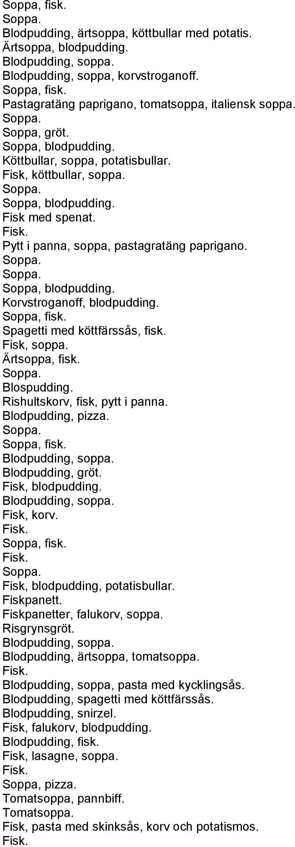 Spagetti med köttfärssås, fisk. Fisk, soppa. Ärtsoppa, fisk. Blospudding. Rishultskorv, fisk, pytt i panna. Blodpudding, pizza. Blodpudding, soppa. Blodpudding, gröt. Fisk, blodpudding.