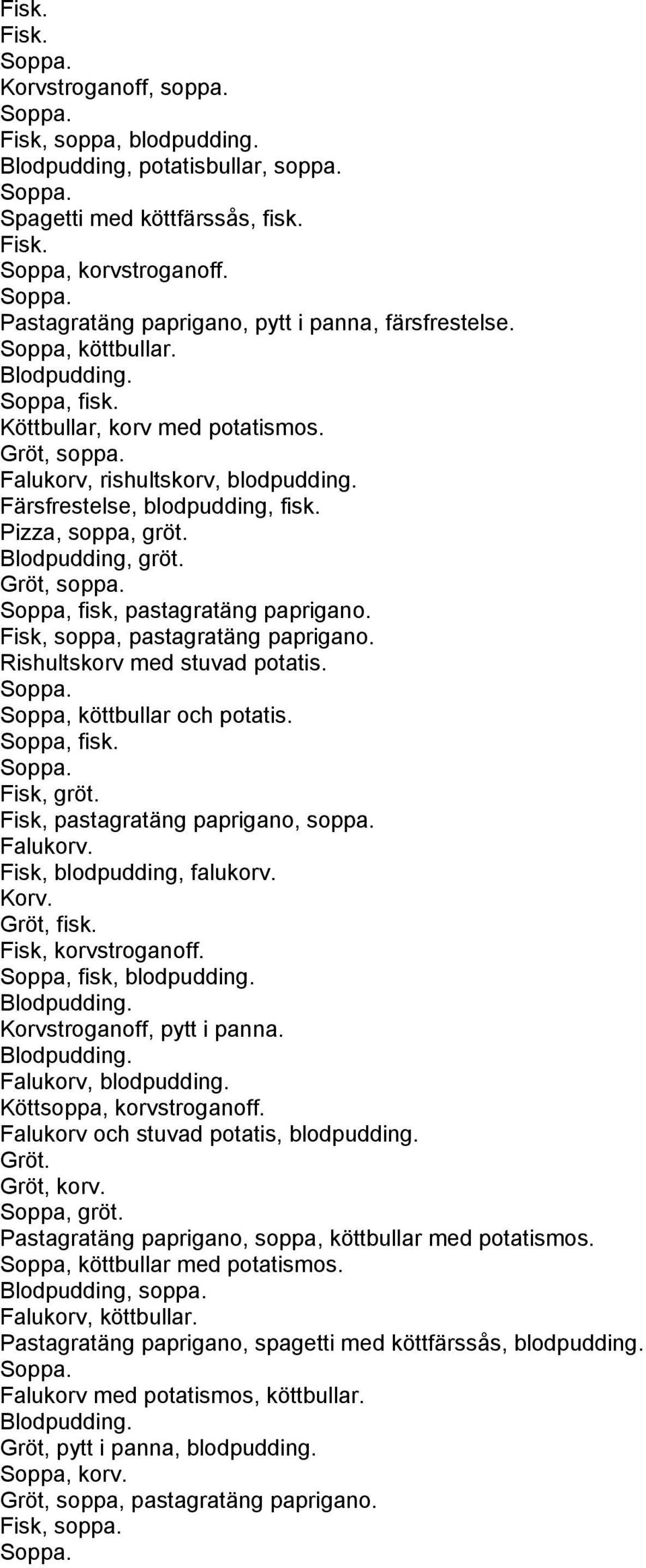 Fisk, soppa, pastagratäng paprigano. Rishultskorv med stuvad potatis. Soppa, köttbullar och potatis. Fisk, gröt. Fisk, pastagratäng paprigano, soppa. Falukorv. Fisk, blodpudding, falukorv. Korv.