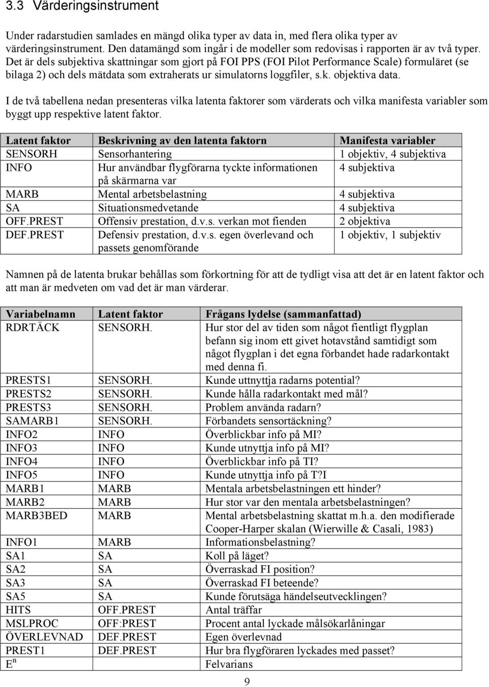 Det är dels subjektiva skattningar som gjort på FOI PPS (FOI Pilot Performance Scale) formuläret (se bilaga 2) och dels mätdata som extraherats ur simulatorns loggfiler, s.k. objektiva data.