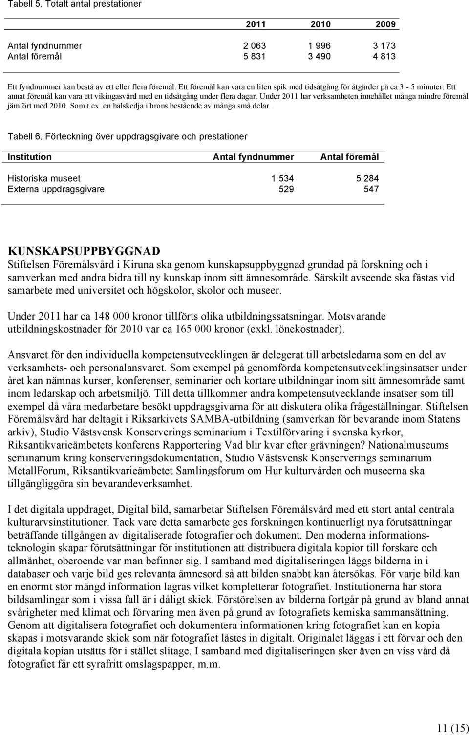 Under 2011 har verksamheten innehållet många mindre föremål jämfört med 2010. Som t.ex. en halskedja i brons bestående av många små delar. Tabell 6.
