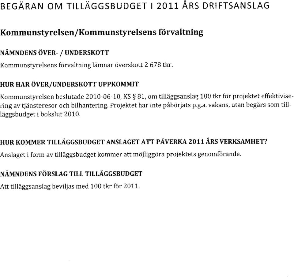 HUR HAR ÖVER/UNDERSKOTT UPPKOMMIT Kommunstyrelsen beslutade 2010-06-10, KS 81, om tilläggsansla'l" 100 tkr för projektet effektivisering av tjänsteresor och bilhantering.