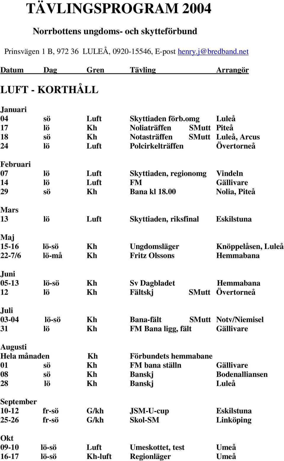 omg Luleå 17 lö Kh Noliaträffen SMutt Piteå 18 sö Kh Notasträffen SMutt Luleå, Arcus 24 lö Luft Polcirkelträffen Övertorneå Februari 07 lö Luft Skyttiaden, regionomg Vindeln 14 lö Luft FM Gällivare