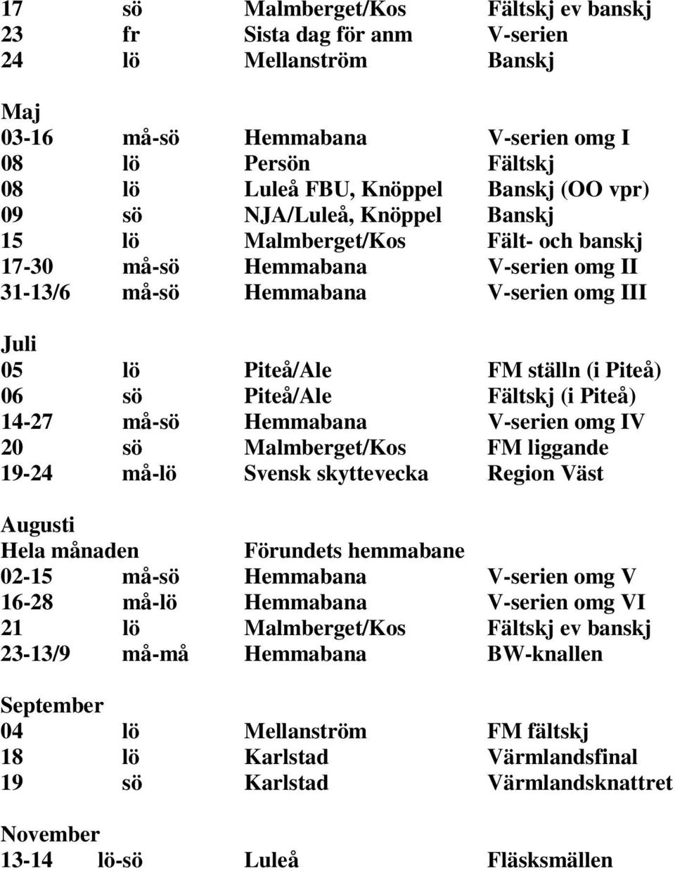 Piteå/Ale Fältskj (i Piteå) 14-27 må-sö Hemmabana V-serien omg IV 20 sö Malmberget/Kos FM liggande 19-24 må-lö Svensk skyttevecka Region Väst Augusti Hela månaden Förundets hemmabane 02-15 må-sö