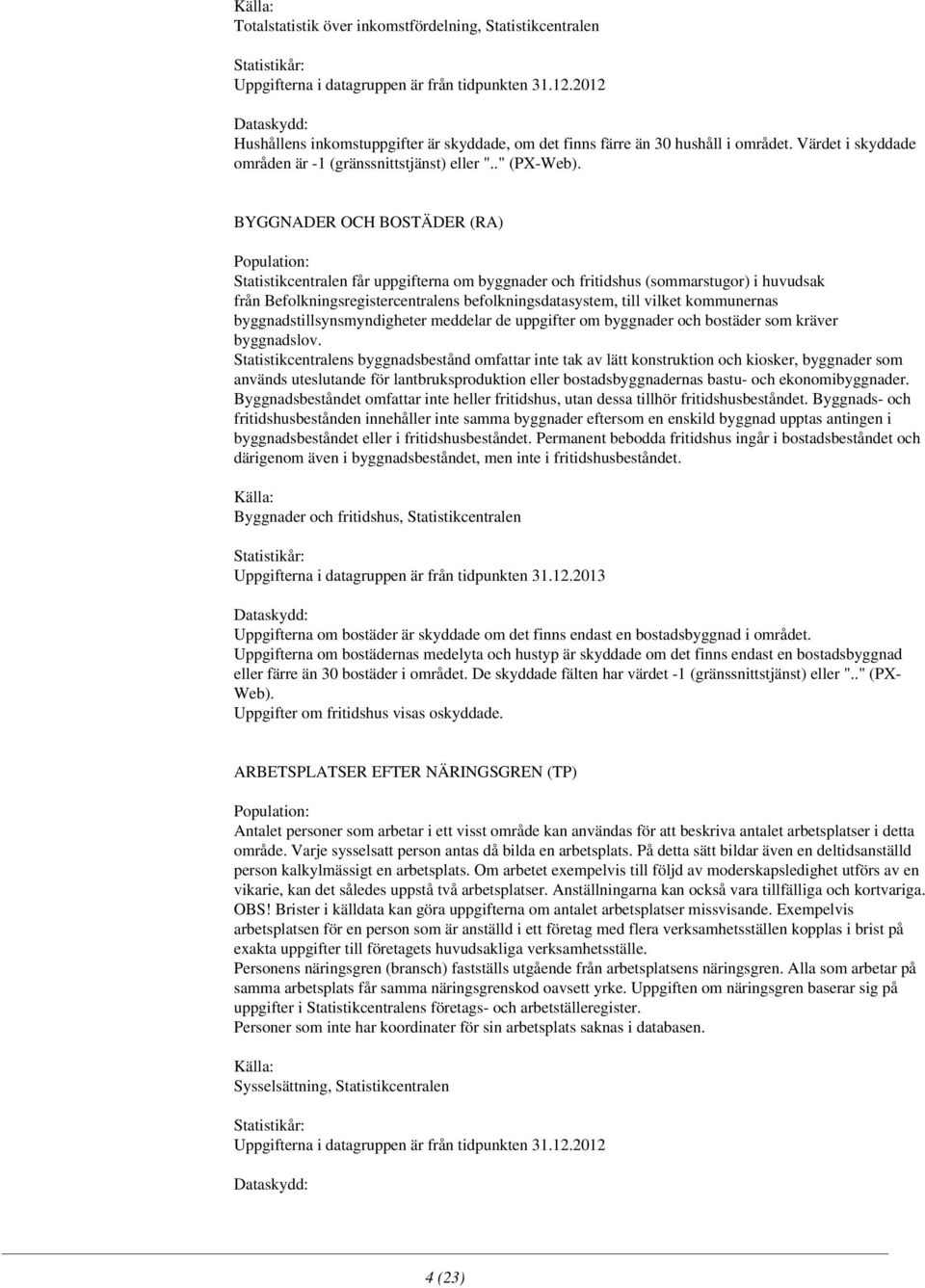 BYGGNADER OCH BOSTÄDER (RA) Population: Statistikcentralen får uppgifterna om byggnader och fritidshus (sommarstugor) i huvudsak från Befolkningsregistercentralens befolkningsdatasystem, till vilket