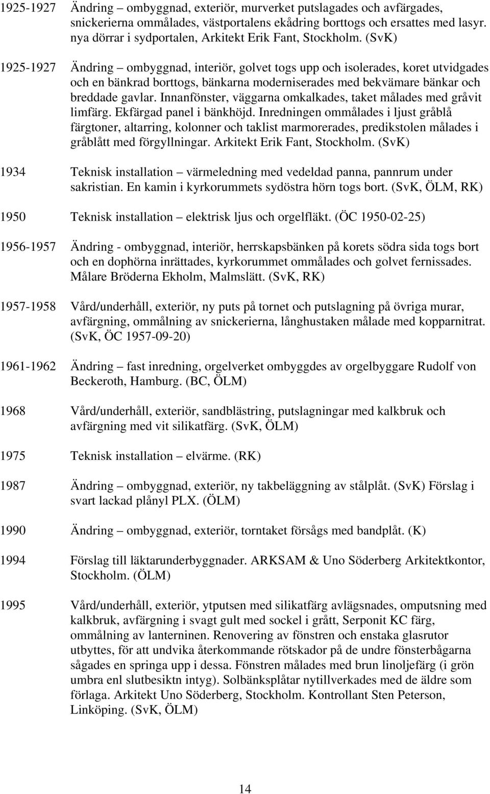 (SvK) 1925-1927 Ändring ombyggnad, interiör, golvet togs upp och isolerades, koret utvidgades och en bänkrad borttogs, bänkarna moderniserades med bekvämare bänkar och breddade gavlar.