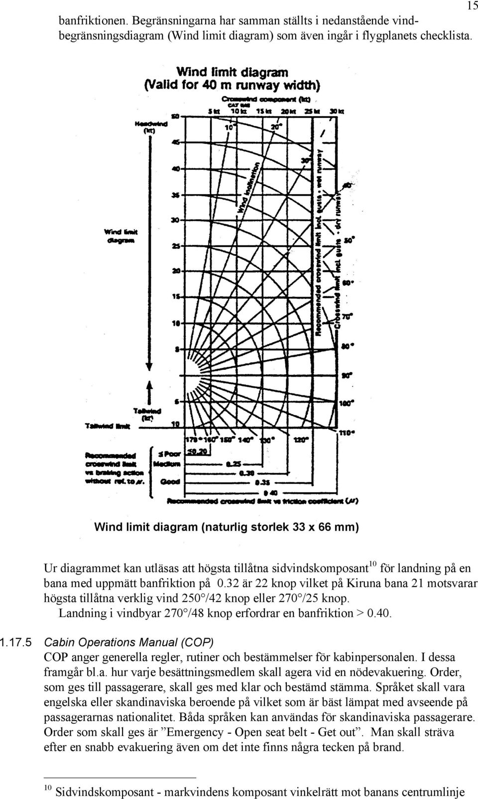 32 är 22 knop vilket på Kiruna bana 21 motsvarar högsta tillåtna verklig vind 250 /42 knop eller 270 /25 knop. Landning i vindbyar 270 /48 knop erfordrar en banfriktion > 0.40. 1.17.