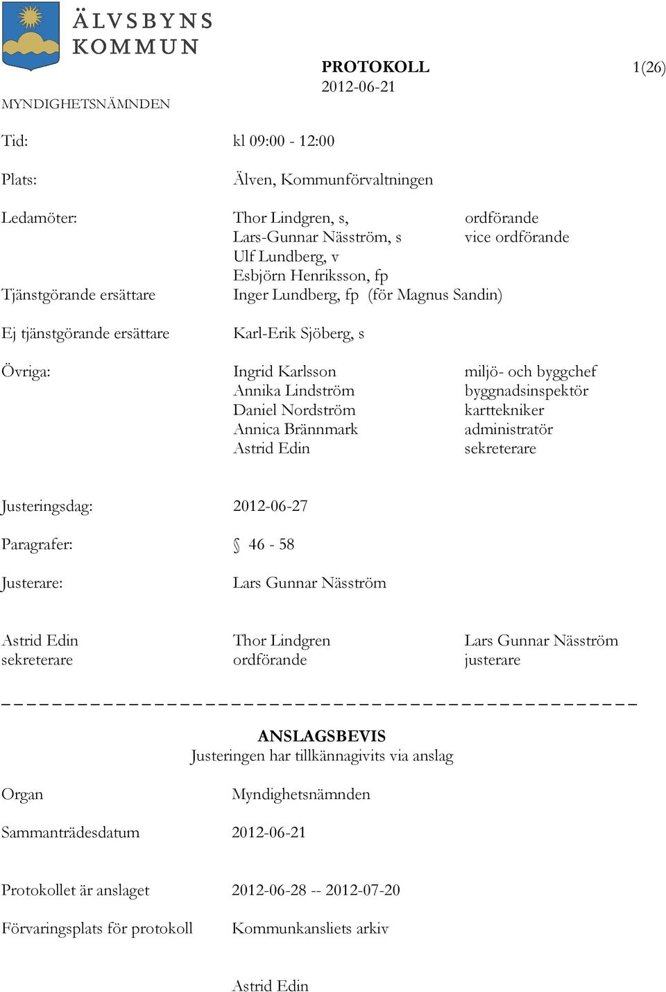 Nordström karttekniker Annica Brännmark administratör Astrid Edin sekreterare Justeringsdag: 2012-06-27 Paragrafer: 46-58 Justerare: Lars Gunnar Näsström Astrid Edin Thor Lindgren Lars Gunnar